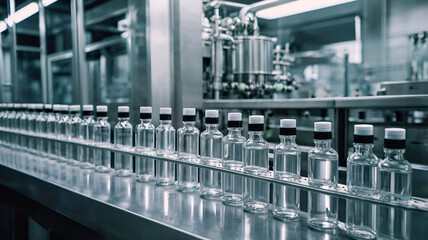 Fototapeta premium Medical vials on production line at pharmaceutical factory, pharmaceutical machine glass views.