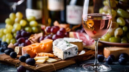 Fototapeta premium Glass of rose wine with cheese, grapes, and bread.