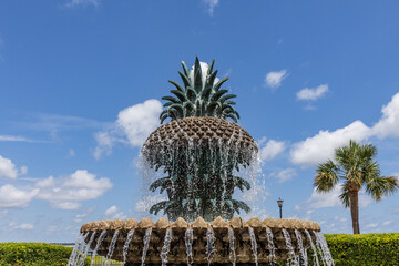 Historic pineapple fountain located in the Battery of Charleston South Carolina on beautiful summer day