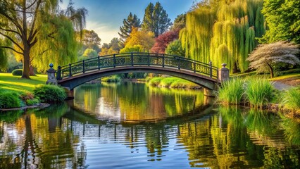 Bridge over a serene river in a tranquil park setting, bridge, river, park, nature, peaceful, outdoor