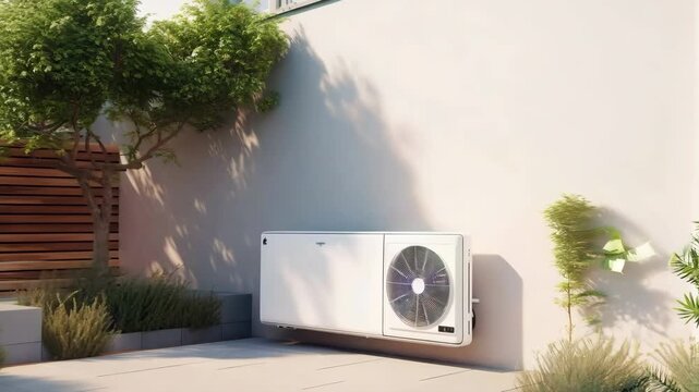 Animation of cooling air condition unit and control system. Modern heat pump unit and compressor install outside the building. Home appliance, electrical equipment. HVAC service, maintenance, repair