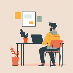 A man is sitting at a desk with a laptop and a potted plant