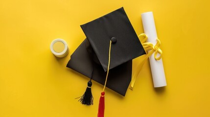 Graduation cap, diploma, and tassel on yellow background.