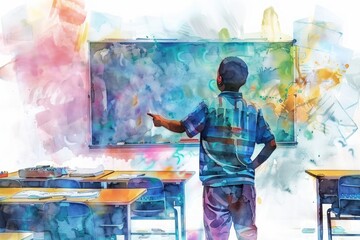 A boy pointing at a chalkboard in a classroom