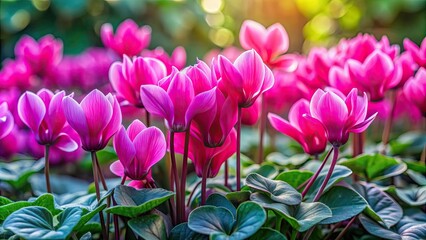 Obraz premium Close up of vibrant pink cyclamen flowers blooming in a lush flower garden, cyclamen, pink, flowers, blossom, blooming