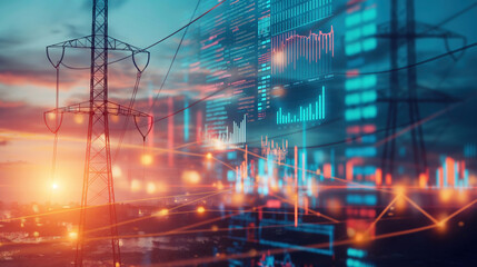 Obraz premium Power Lines over sunset while overlay with holographic financial graphs illustrating production volume increases, revenue growth, and profitability metric.