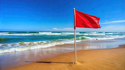 Dynamic red caution flag waving on beach with blue skies and foamy waves, vibrant, red, flag, caution, dynamic, beach