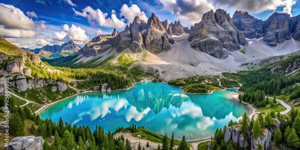 Wall mural Aerial view of stunning Sorapis lake in the Dolomites, Italy , Sorapis lake, Dolomites, Italy, drone