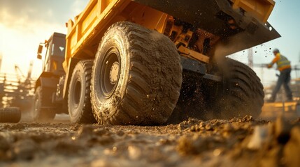 A rugged construction truck seen from below, highlighting its robust suspension system and the intricate details of its undercarriage. The scene includes dirt and debris from the construction site,