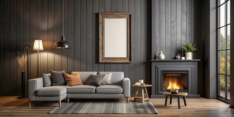 Fototapeta premium Empty vertical picture frame in farmhouse modern dark living room with sofa and fireplace, farmhouse, modern