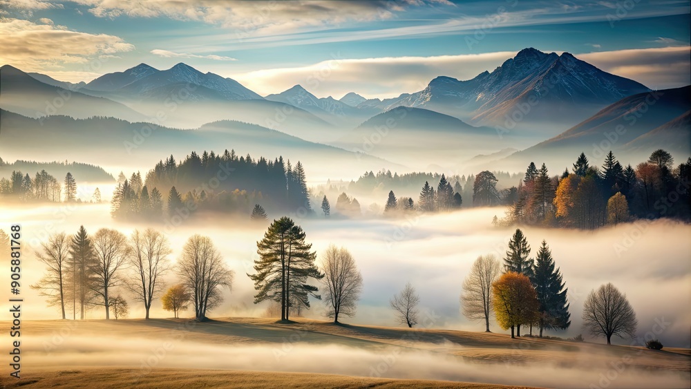 Canvas Prints Foggy landscape with trees and mountains in the background, fog, mist, haze, nature, outdoors, scenic, tranquil