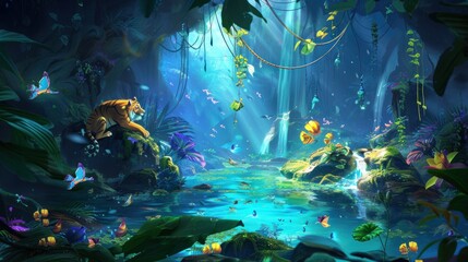 Fototapeta premium Tiger by the Waterfall in a Dreamlike Jungle.