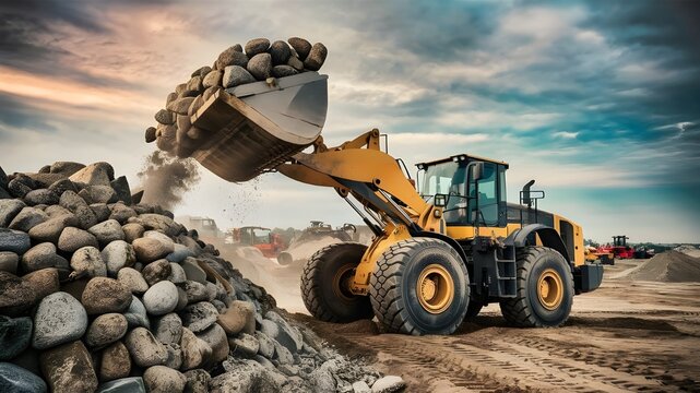A front-end loader skilfully tipping a massive stone.