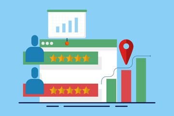 Obraz premium Concept of search analysis, marketing tools, website traffic, marketing reports, analytics analyzing site data and studying graphs on screen and developing strategies. flat vector illustration.