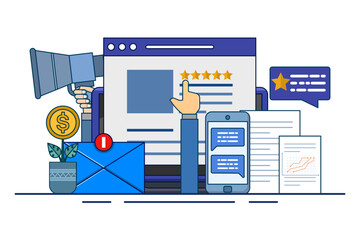 Online reputation management concept, online review management for service feedback monitoring outline. Customer satisfaction research. business brand building. digital strategy marketing path.