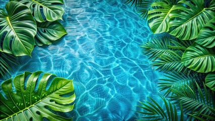 Blue pool surface reflecting green tropical leaves, blue, pool, surface, reflecting, green, tropical, leaves, water, nature