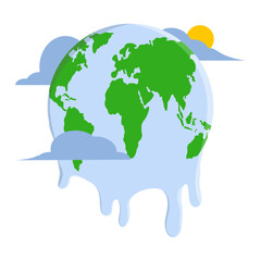 Global Warming Concept. Melting Ball and Thermometer. global warming environment. Climate change risks global greenhouse warming. greenhouse gas emissions, deforestation. Flat vector illustration.