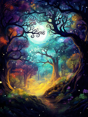Obraz premium A fantasy forest with magical trees, colorful and vibrant in the style of a fantasy illustration