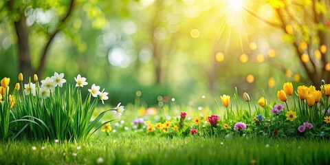 Fresh spring garden with green grass and blurred foliage bokeh , garden, spring, sunny, background, green grass, fresh