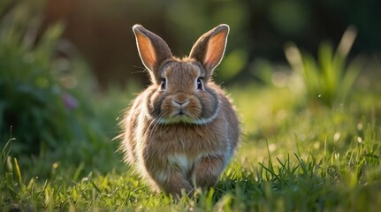 Fototapeta premium A Brown Bunny with Long Ears Standing in Green Grass