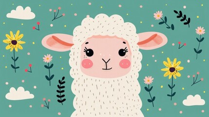 Naklejka premium Charming cartoon style of a cute and fluffy lamb character surrounded by a whimsical field of flowers leaves and clouds This sweet and playful design is perfect for children s books nursery wall art