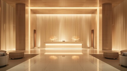 A large, open lobby with a white wall and a tan ceiling