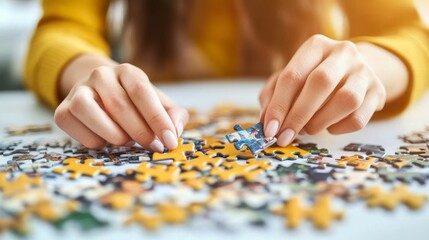 Young adult working on a puzzle at a table