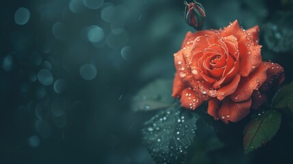 Red rose with raindrops and bokeh background.