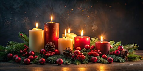 Festive Christmas candles burning brightly in a dark room, festive, holiday, candles, decoration, flame, glowing, traditional