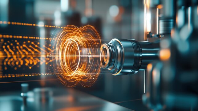 Close-up view of a quantum wavefunction represented by intricate patterns of light and energy waves in a lab setting with scientific equipment in the background