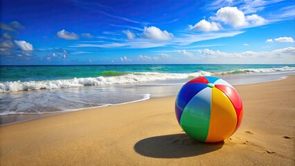 Obraz premium Vivid multicolored beach ball by the sea, beach, ball, multicolored, vivid, tile, blue sky, background, isolated, fun