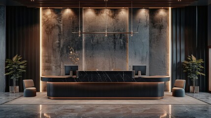 A modern hotel lobby with a black marble counter and a black desk