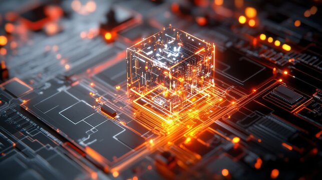 A sleek quantum computer with glowing circuits and quantum bits in a high-tech lab environment, showcasing its advanced architecture and futuristic design