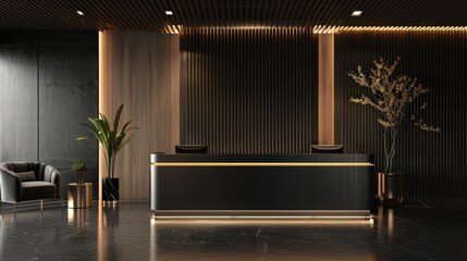A black and gold reception desk with a potted plant in front of it
