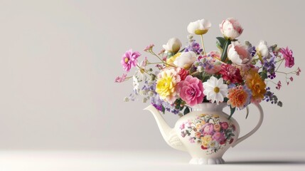 Vintage Teapot Filled with Colorful Flowers.