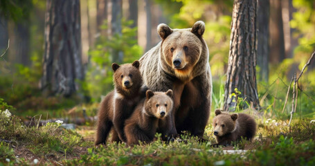 Obraz premium Mother bear with her cubs in a forest clearing