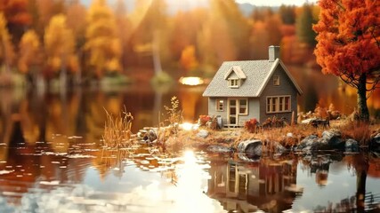 Animation of modern house model on autumn landscape in sunny day. Autumn holidays, vacation in country house. Buy or sell real estate. Buying house, home loan and investment concept
