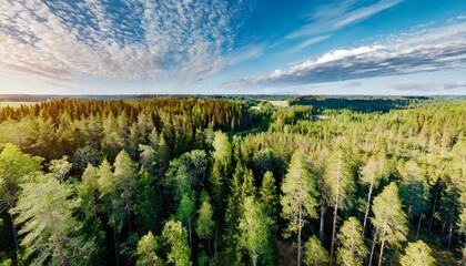 Aerial top view of summer green trees in forest in rural Finland. Drone photography