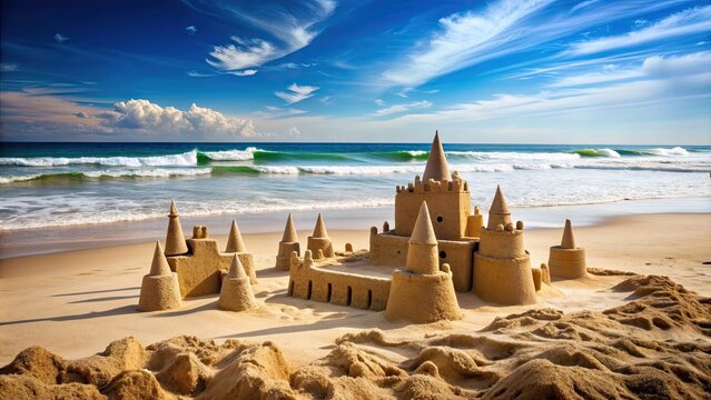 Beautiful sandy beach with intricate sandcastles by the ocean, beach, sandcastles, ocean, vacation, summer, relaxation