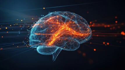 Abstract illustration of a human brain with vibrant neural pathways lighting up in a dark background, representing mental activity and cognitive processes