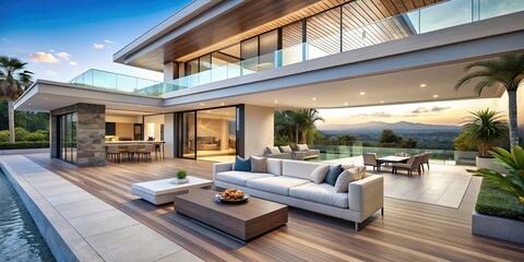 Fototapeta premium Luxury villa with a modern, spacious terrace interior , luxury, villa, terrace, interior, modern, stylish, elegant