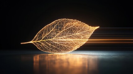 Detailed tree d render featuring a leaf under a beam of radiant, scanning light against a black, infinite background. The light reveals the delicate structure and natural patterns of the leaf,