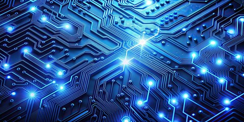 Blue lights illuminate a detailed circuit board pattern, technology, electronics, computing, circuitry, digital