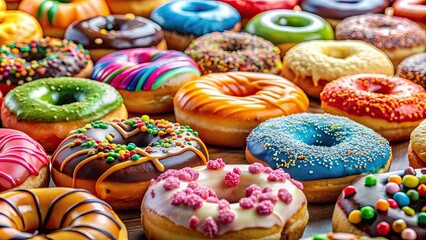 Colorful assortment of delicious donuts at a delightful donut extravaganza, donuts, sweets, bakery, pastry, dessert, sprinkles