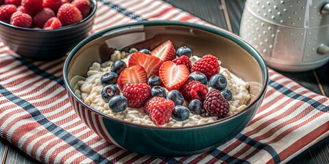 Healthy oatmeal with raspberries and blueberries