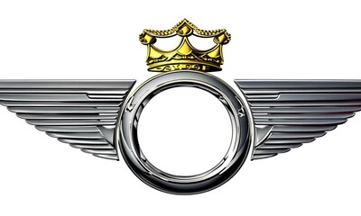 This elegant car logo, with a glass shield framed in silver and adorned with a crown and ribbon, displays a golden heraldic emblem on a white background. - Powered by Adobe