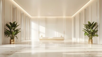 Fototapeta premium A large, empty room with a white wall and a gold vase with a plant in it