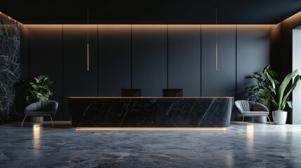 A black room with a black desk and two chairs