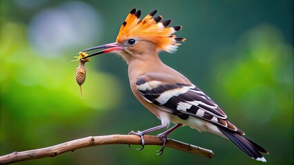 Beautiful Eurasian Hoopoe bird proudly showing off its catch, wildlife, avian, feathered, colorful, nature, beak, wings, insect