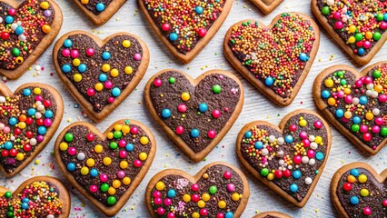 Fototapeta premium Colorful heart-shaped chocolate cookies adorned with vibrant sprinkles, heart, cookies, chocolate, colorful, vibrant, sprinkles